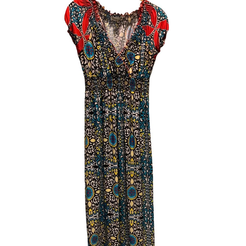 Lapogee Boho Maxi Dress, V-Neck, Elastic Waist Blue, Red, Yellow (S)